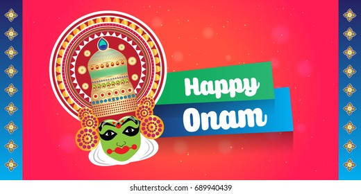 Happy Onam vector illustration for south indian festival in kerala. Kathakali, house boat and traditional elements. Translation: Happy Onam