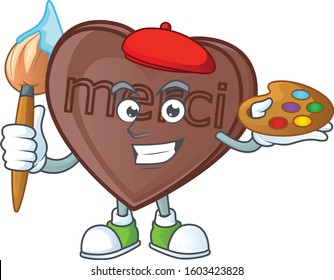 Happy one bite love chocolate painter cartoon icon with brush