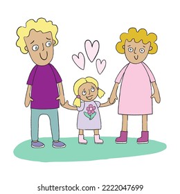 Happy one children family portrait. Mom, dad and daughter hold each other's hands