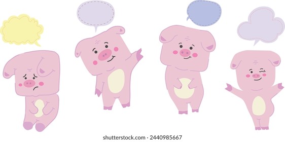 happy and one heartbroken pig cartoon vector set isolated with speech bubble, cartoon style pigs,adorable little lucky pink pigs baby.