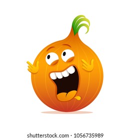 Happy onion cartoon funny character. Cute vector illustration for recipe, menu, book, advertising.
