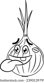 Happy Onion Face from A Woman's Kiss for Coloring. Vector Illustration of Funny Character with Tongue Sticking Out