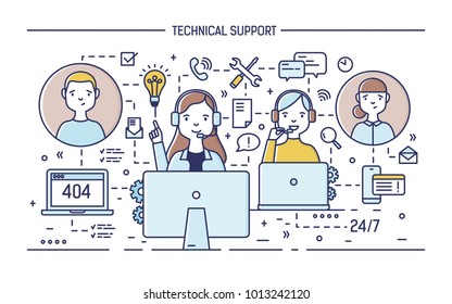 Happy online consultants wearing headphones with microphones sitting at computers and answering questions asked by clients. 24 hour technical support service. Vector illustration in line art style.