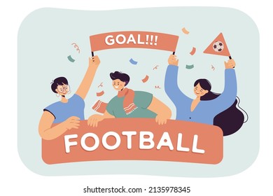 Happy open-air football fans flat vector illustration. Group of active people with banner football cheering for team during match. Excited man and women enjoying sports game. Celebration concept