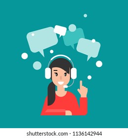 Happy operator with bubbles, headphones and microphone. flat vector illustration on blue background. girl with headset. consulting, job online, internet. Call center. help