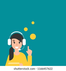 Happy operator with bubbles, headphones and microphone. flat vector illustration on blue background. girl with headset. consulting, job online, internet. Call center. help