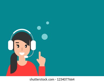Happy operator with bubbles, headphones and microphone. flat vector illustration on blue background. girl with headset. consulting, job online, internet. Call center. help
