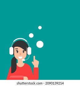 Happy operator with bubbles, headphones and microphone. flat vector illustration on blue background. girl with headset. consulting, job online, internet. Call center. help