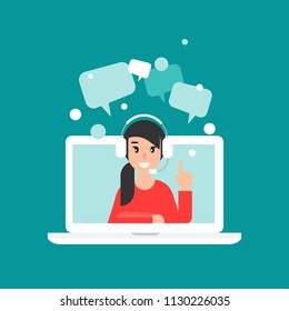 Happy operator on computer screen with headphones and microphone. flat vector illustration on blue background. girl with headset on laptop. consulting, job online, internet. Call center. help