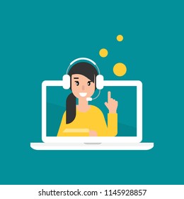 Happy operator on computer screen with headphones and microphone. flat vector illustration on blue background. girl with headset on laptop. consulting, job online, internet. Call center. help