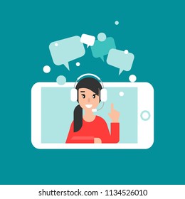 Happy operator on smartphone screen with headphones and microphone. flat vector illustration on blue background. girl with headset on mobile. consulting, job online, internet. Call center. help