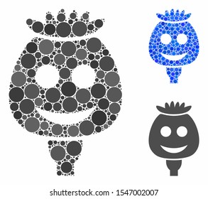 Happy opium poppy composition of small circles in different sizes and color tones, based on happy opium poppy icon. Vector small circles are combined into blue mosaic.