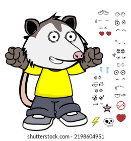 happy opossum character cartoon kawaii expressions set pack in vector format