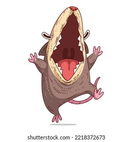 A Happy Opossum, isolated vector illustration. Funny cartoon picture of a scared possum running with cries. A humorous animal sticker. Simply drawn opossum jumping with joy on white background