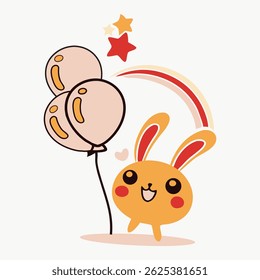 Happy orange bunny holding balloons with stars and rainbow in playful kawaii cartoon style on white background