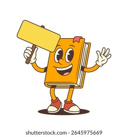 Happy orange cartoon book mascot character waving hands with excitement while holding a blank yellow sign for advertising or messages. Cheerful, playful and colorful design. Vector illustration