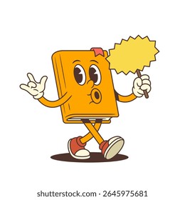 Happy orange cartoon book mascot walking and whistling while holding a blank yellow sign for promotional use, expressing positive educational emotion. Vector illustration