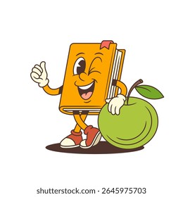 Mascote feliz do livro de desenhos animados laranja piscando e mostrando polegares para cima enquanto se apoia em uma grande maçã verde simbolizando conhecimento e saúde. Ideal para projetos educacionais e divertidos. Ilustração vetorial