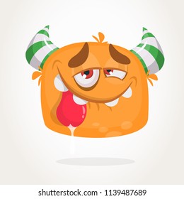 Happy orange cartoon horned monster. Tired monster emotion showing his tongue. Halloween vector illustration