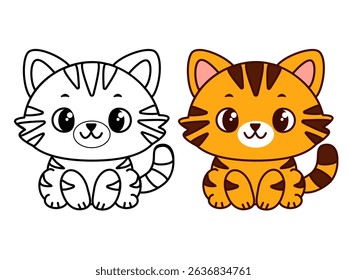 Happy orange cartoon kitten in line art and full color, cute smiling cat character for kids coloring book, emotional printable pages, nursery design, stickers and educational materials. Vector