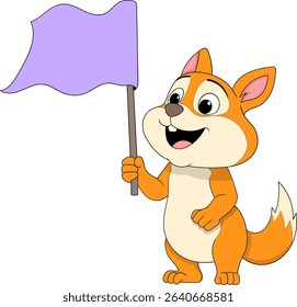 Happy orange cartoon squirrel character standing and cheerfully holding a waving purple flag.