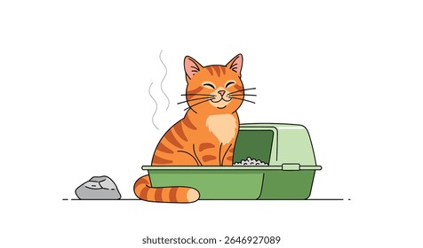Happy Orange Cat Uses Litter Box Enjoying Fresh Scented Air in Clean Enclosure