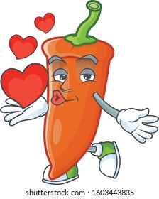 Happy orange chili cartoon character mascot with heart