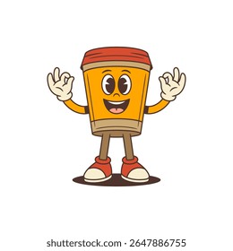 Mascote feliz da xícara de café laranja com tampa vermelha sorrindo brilhantemente e levantando ambas as mãos com gesto OK. Excelente para marcas, embalagens, publicidade e cafés. Ilustração vetorial