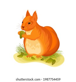 Happy orange colored squirrel with green pinecones. Forest fluffy rodent isolated in white background.

