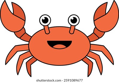 A happy orange crab with large eyes smiles cheerfully, showcasing a playful and friendly demeanor in a minimalist design.