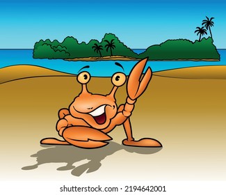 Happy Orange Crab Waving with his Claw - Colored Cartoon Illustration Isolated on White Background, Vector