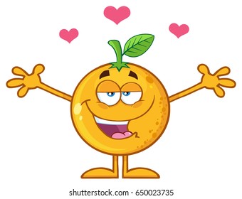 Happy Orange Fruit Cartoon Mascot Character With Hearts And With Open Arms For Hugging. Vector Illustration Isolated On White Background