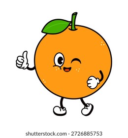 Happy orange fruit cartoon winking and giving thumbs up, cheerful mascot illustration conveying health, freshness, approval, vitality and playful, retro inspired fun on white background