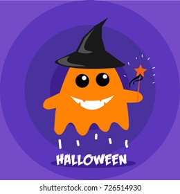 Happy orange ghost on the purple layer. Ghost with a black hat and magic wand. Halloween vector image
