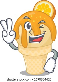Happy orange ice cream cartoon design concept with two fingers