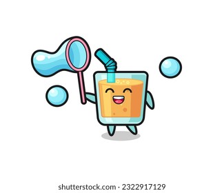 happy orange juice cartoon playing soap bubble , cute style design for t shirt, sticker, logo element