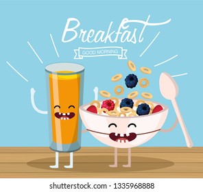 happy orange juice and cereal cup and spoon