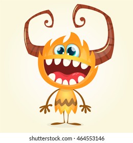 Happy orange monster. Vector Halloween horned character smiling isolated