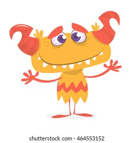 Happy orange monster. Vector Halloween horned character mascot 