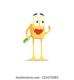 Happy Orange Square Monster With Bottle And Glass Of Wine Partying Hard As A Guest At Glamorous Posh Party Vector Illustration