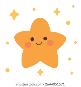 Feliz desenho de estrela laranja brilhando entre cintilações em um céu pastel. Ideal para gráficos para dormir, projetos astronômicos e impressões de quartos para crianças.