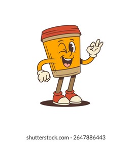 Copo de café de retirada laranja feliz no estilo de desenho animado vintage piscando e mostrando gesto ok. Ideal para promoção de marcas, embalagens, publicidade ou cafés. Ilustração vetorial