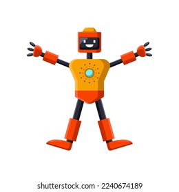 Happy orange and yellow old toy robot cartoon character illustration. Cute old bot waving, childish cyborg or assistant for kids on white background. Childhood, AI, technology concept