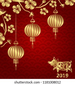 Happy Oriental Card for Chinese New Year 2019, Lanterns, Sakura Blossom Flowers and Golden Pig - Illustration Vector