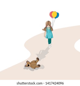 A happy Orphan girl holding colourfull balloons walking away from her old teddy bear. Rear view of Little girl and lonely old toy bear with sad face lying on floor behind. Adoption of Orphans concept