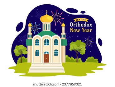 Happy Orthodox New Year Vector Illustration on 14 January with Church and Fireworks for Poster or Banner in Flat Cartoon Background Design