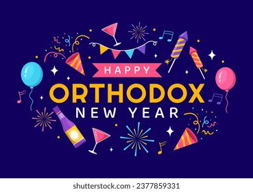 Happy Orthodox New Year Vector Illustration on 14 January with Church and Fireworks for Poster or Banner in Flat Cartoon Background Design