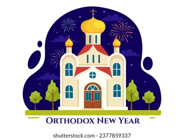 Happy Orthodox New Year Vector Illustration on 14 January with Church and Fireworks for Poster or Banner in Flat Cartoon Background Design