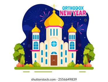 Happy Orthodox New Year Vector Illustration Celebrated on January 14, Featuring a Church and Fireworks in a Flat Cartoon Style Background
