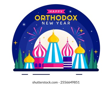 Happy Orthodox New Year Vector Illustration Celebrated on January 14, Featuring a Church and Fireworks in a Flat Cartoon Style Background